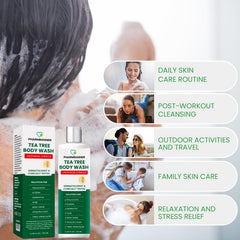 PHARMBANNER Tea Tree Body Wash lather demonstrates refreshing cleanse with olive oil hydration.