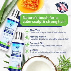 pHat 5.5 organic botanicals with Manuka Honey highlight soothing scalp care.