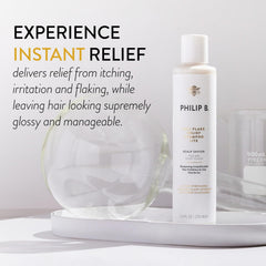 PHILIP B label closeup highlighting botanical blend for calm scalp