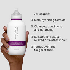 Philip Kingsley Moisture Extreme Enriching Shampoo applied to damp hair for detangling and smoother curls
