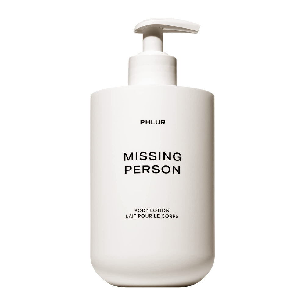 PHLUR Missing Person bottle pouring, silky hydration for dry skin.