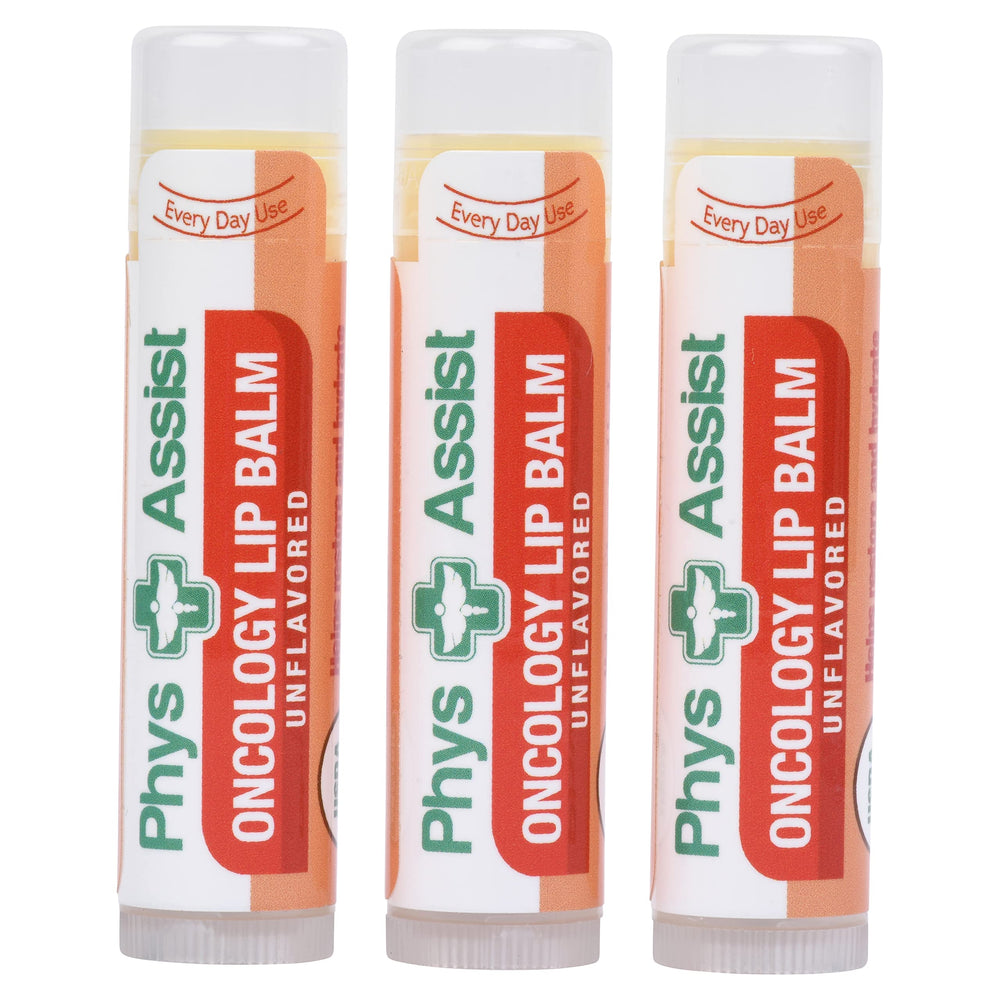 PhysAssist Oncology Lip Balm 3-pack shown in unscented packaging for ultra-dry lips