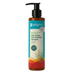 Pilgrim Tea Tree Shampoo bottle highlighting anti-dandruff formula for all hair types.