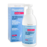 Pilopeptan Woman Shampoo bottle front, premium packaging signaling revitalized, voluminous hair.