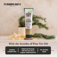 The Grandpa Soap Company Pine Tar Body Wash with tea tree and cedarwood oils offers cleansing aroma.