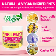 PINK LEMON Braiding Gel on finished braids with glossy finish and defined edges.