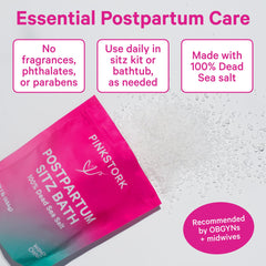 Unscented Pink Stork sitz bath salt packaging for clean postpartum perineal care.