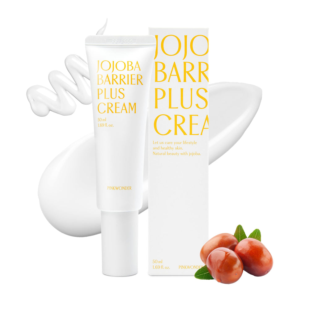 PINKWONDER Jojoba Barrier Plus Cream jar closeup showing rich texture for dry skin.