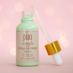 Pixi Beauty serum drop dispenses, illustrating a 2-3 drop PM routine.