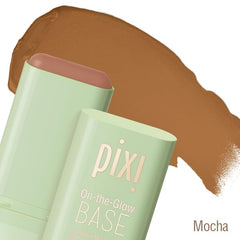 Pixi On-the-Glow Base Mocha swatch on skin showing balanced color match