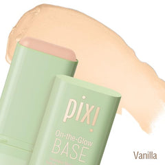 Pixi On-the-Glow Base Vanilla swatch highlights skin tone with brightening potential.