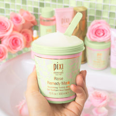 Pixi Rose Remedy Mask bottle packaging highlighting travel-friendly 300 ml size.