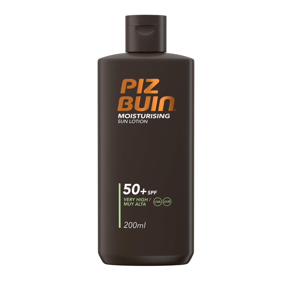 Piz Buin Moisturising Sun Lotion bottle with SPF50+ protection for sunny days.