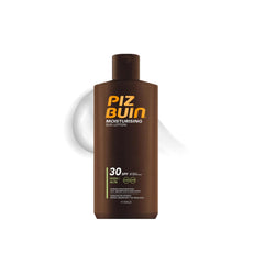 Piz Buin SPF 30 lotion being applied smoothly for quick, non-greasy sun protection.