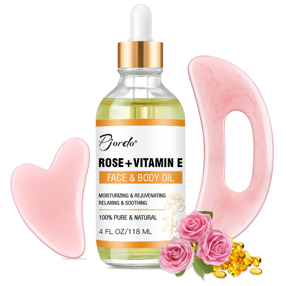 Pjordo Vitamin E Rose Oil bottle close-up for hydration and glow