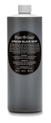Plant Guru African Black Soap Liquid bottle for versatile face and body cleansing.