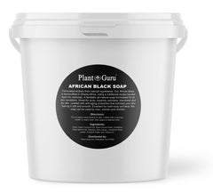 Plant Guru African Black Soap Paste bulk bottle shows raw Ghanaian formula for skin care.