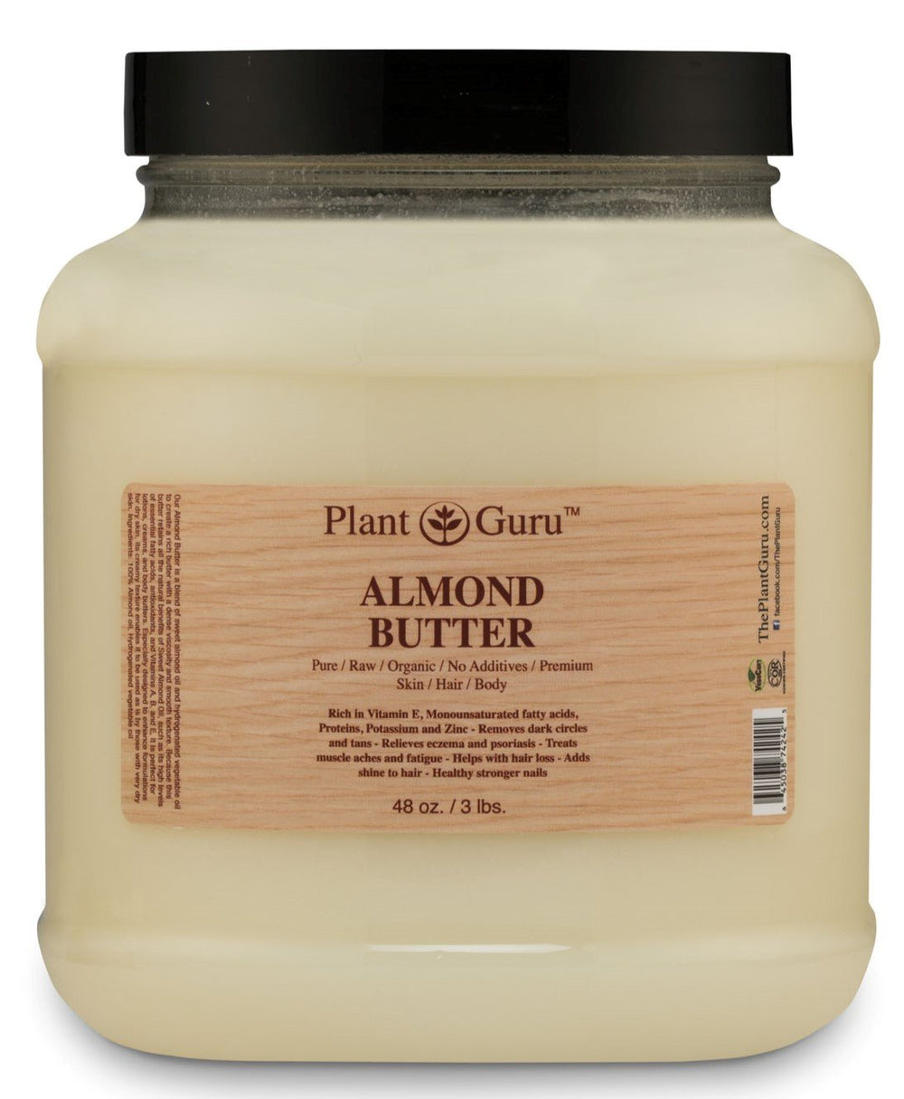 Plant Guru Almond Body Butter 3lbs jar showing rich, creamy texture for deep hydration