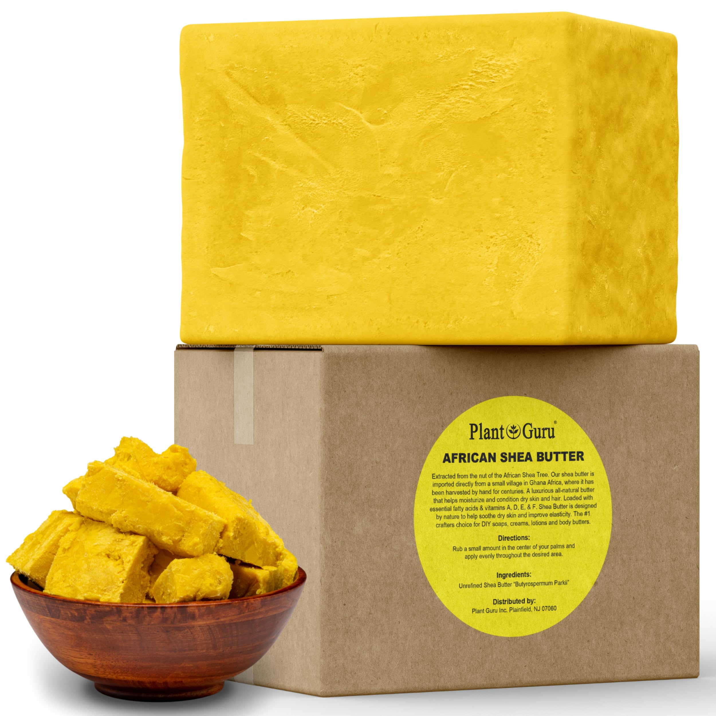 Plant Guru Raw African Shea Butter bulk block; vibrant yellow texture ideal for daily moisturization.