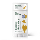 Plant Therapy Coconut Ylang Ylang Deodorant bottle front, aluminum-free daily use.