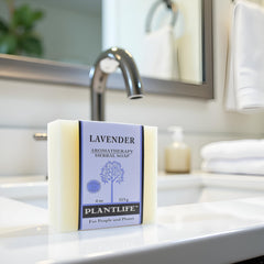 Plantlife Lavender 6-pack Bar Soap hand-cut bar on display for daily soothing shower.