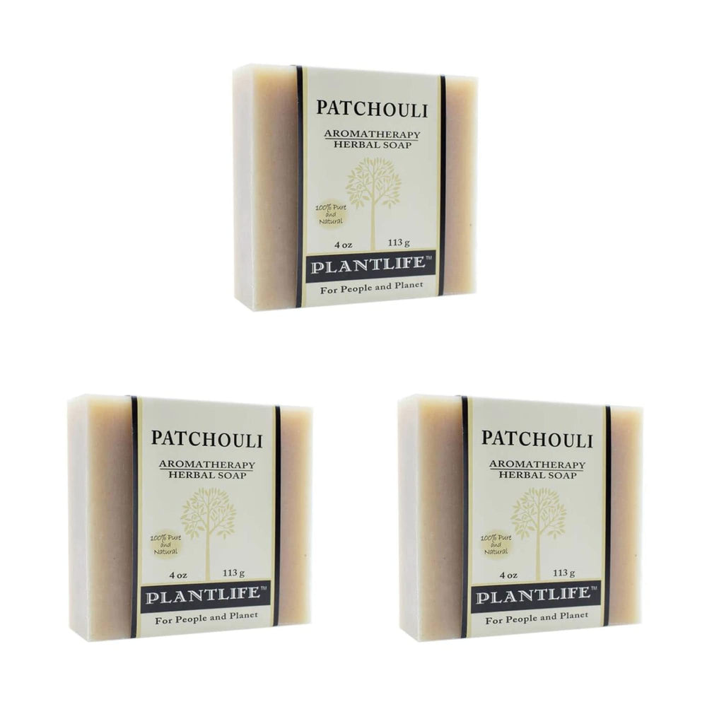 Plantlife Patchouli 3-Pack Bar Soap close-up showing earthy aroma and rich lather.