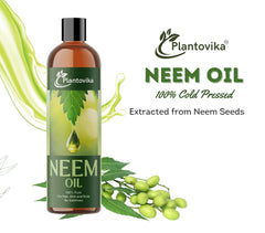 Plantovika Neem Oil label on a 16 oz bottle highlighting cold-pressed concentrate.