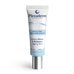 Plexaderm Night Time Collagen Serum bottle highlighting nighttime skincare benefits.