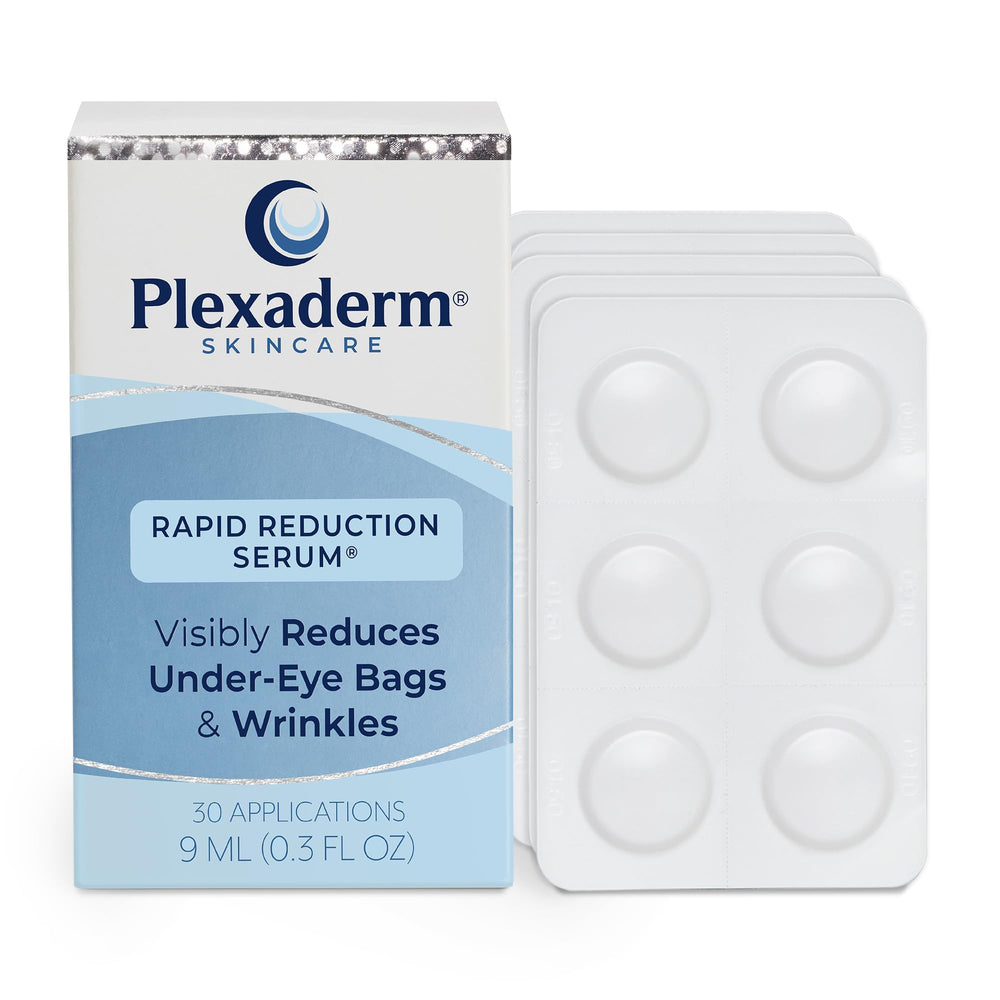 Plexaderm Rapid Reduction Eye Serum bottle on a clean vanity, ready for application.
