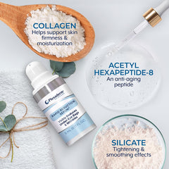 Plexaderm serum close-up on skin showing instant smoothing.