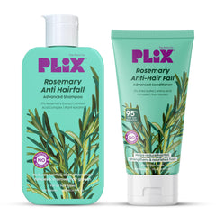 PLIX Rosemary Anti-Hairfall Shampoo bottle on a bathroom shelf, supporting scalp vitality.