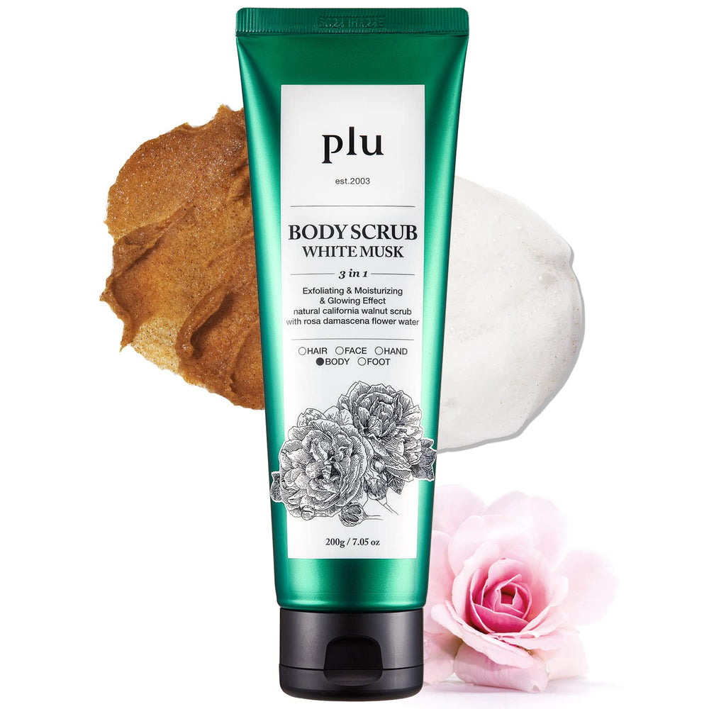 PLU Original Korean Walnut Scrub jar showing white musk aroma for spa-like shower.