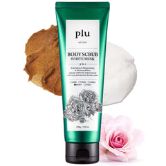 PLU Original Korean Walnut Scrub jar showing white musk aroma for spa-like shower.