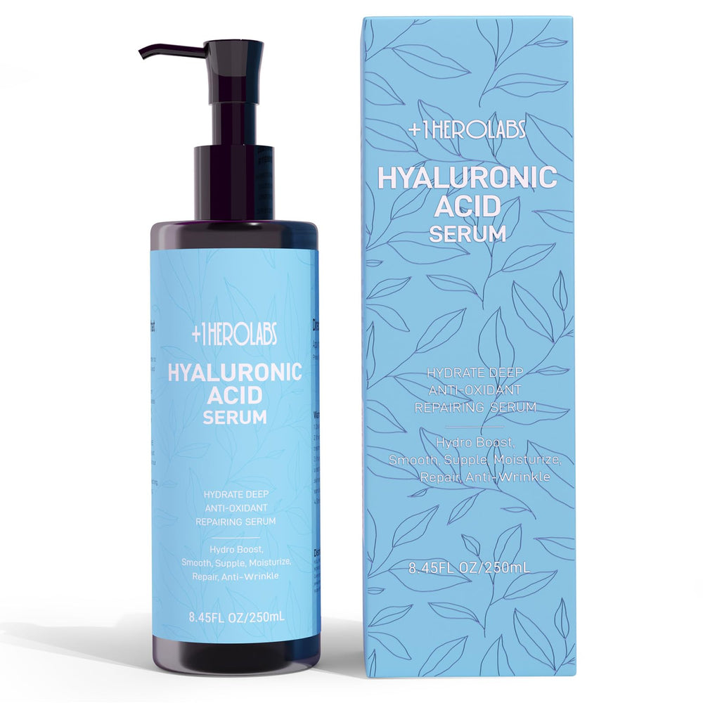 +1HEROLABS hyaluronic serum bottle closeup, emphasizing deep hydration for face and neck.