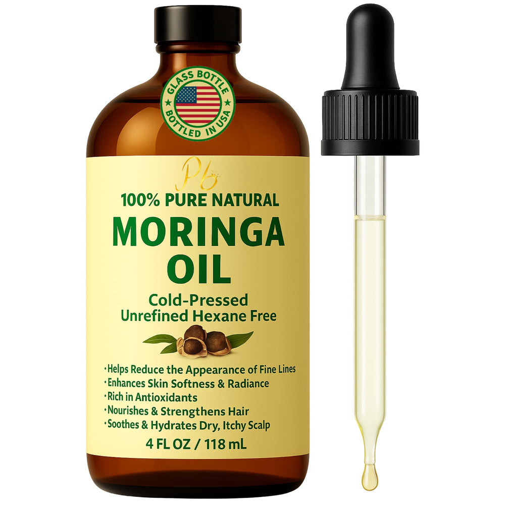 Pomberries Moringa Oil bottle in amber glass for pure, versatile skincare.