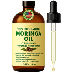 Pomberries Moringa Oil bottle in amber glass for pure, versatile skincare.