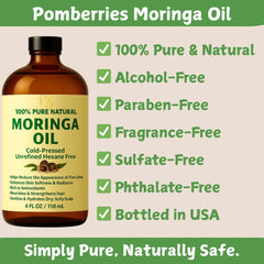 Closeup of Pomberries Moringa Oil shows purity and a smooth, fast-absorbing texture.