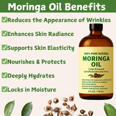 Skin application scene with Pomberries Moringa Oil suggests lightweight hydration.