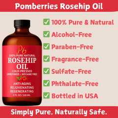 Close-up of Pomberries Rosehip Oil showing rich, golden texture for healthy-looking skin