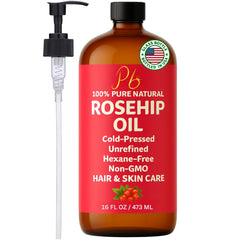 Pomberries Rosehip Seed Oil bottle with pump for easy, mess-free application.