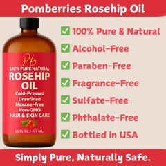 Pomberries Rosehip Seed Oil on fingertips shows fast absorption and non-greasy finish.