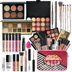 Pomcral eyeshadow palette with neutral and shimmer shades for versatile day-to-night looks.