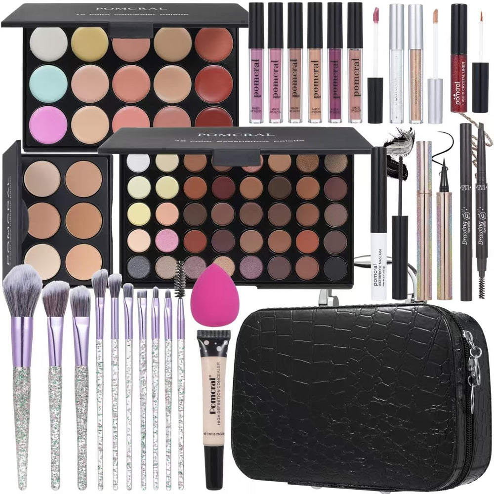 Pomcral makeup kit front view showing a compact all-in-one set for everyday looks.