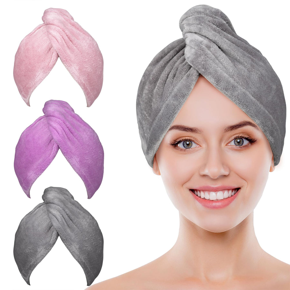 POPCHOSE microfiber hair towel wrap 3-pack dries hair quickly without rubbing.