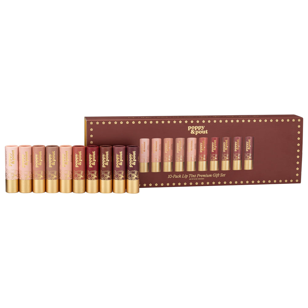 Poppy & Pout lip tint gift set in gold box for vibrant, minty color.