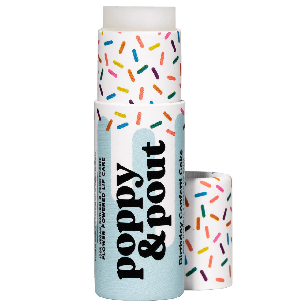 Poppy & Pout Birthday Cake jumbo lip balm blue tube hydrates lips with vanilla cake scent