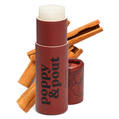 Poppy & Pout cinnamint jumbo lip balm packaging in eco-friendly carton tube for sustainable lip care