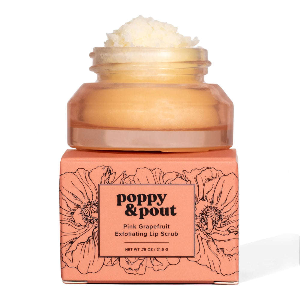 Poppy & Pout pink grapefruit lip scrub in a reusable glass jar for smooth lips