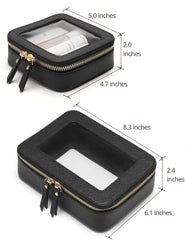 Popvibe clear makeup case side view highlighting slim profile and durable saffiano exterior