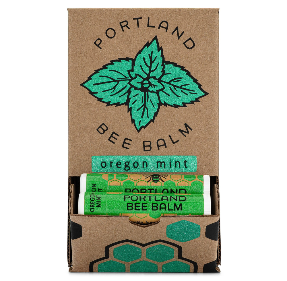 Portland Bee Balm Oregon Mint lip balm tube closeup showing natural moisturization for dry lips